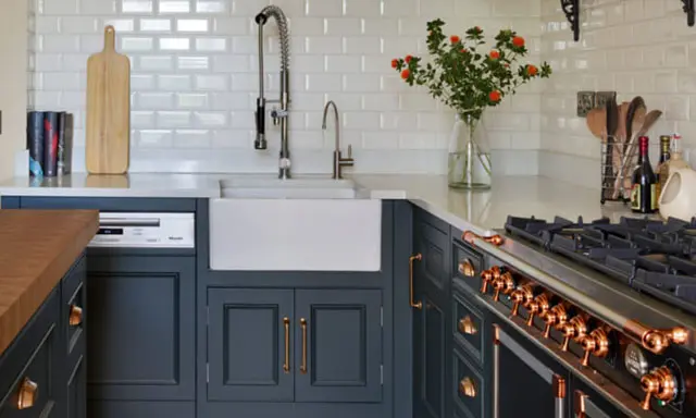 Blue, Gold, And Copper Kitchen  