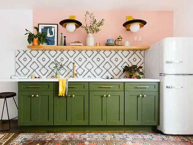 Pink, Green, And Grey Kitchen 