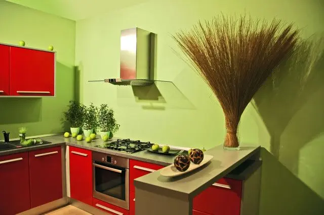 Red, Green, And Grey Kitchen