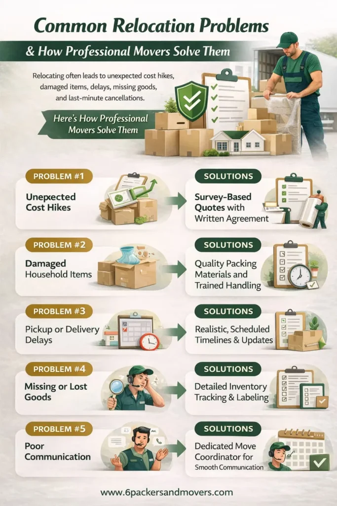 Infographic showing common relocation problems and how professional movers handle them