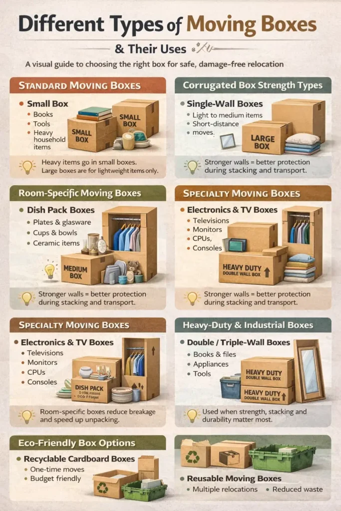 Infographic showing different types of moving boxes including small, medium, large, wardrobe, dish pack, specialty, heavy-duty, and eco-friendly boxes with their uses for safe and organized relocation