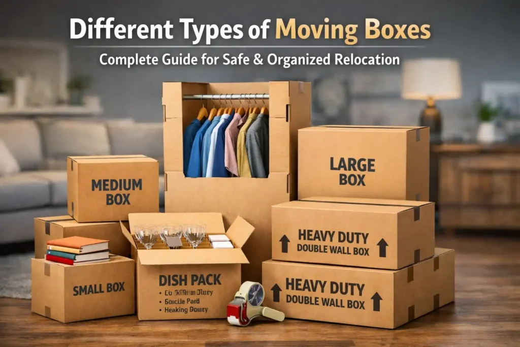 Different types of moving boxes including small, medium, large, wardrobe, dish pack, and heavy-duty boxes used for safe and organized relocation