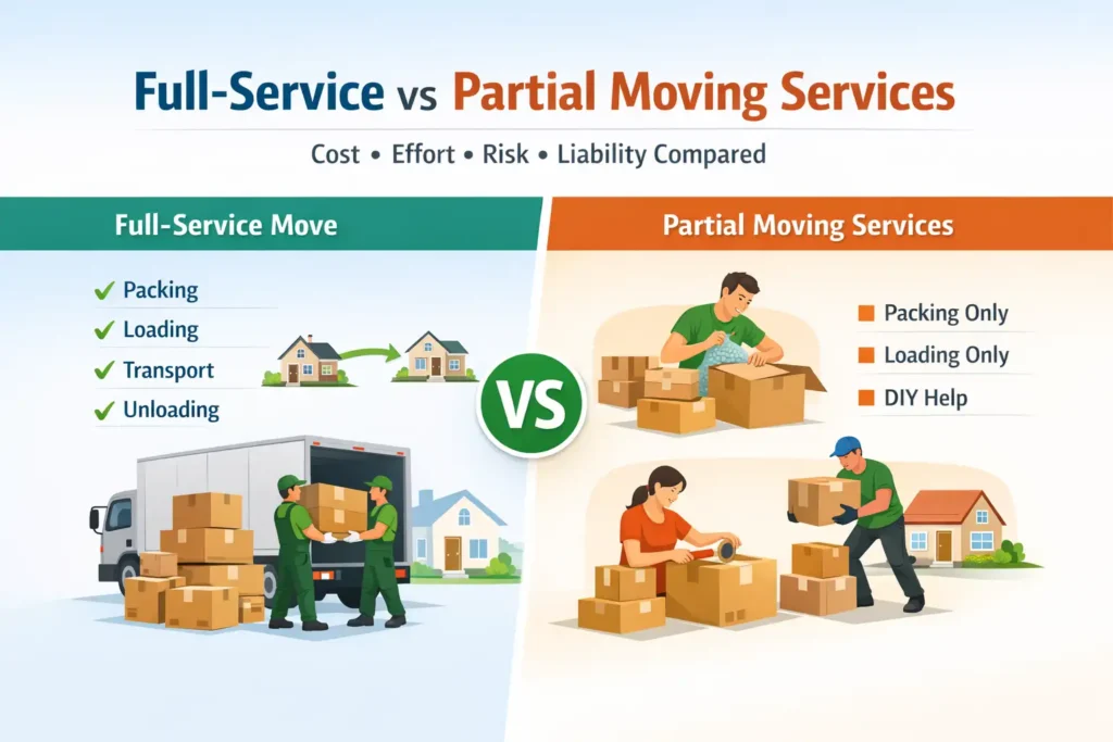 Full-service door-to-door move vs partial moving services comparison showing packing-only, loading-only and DIY house shifting options