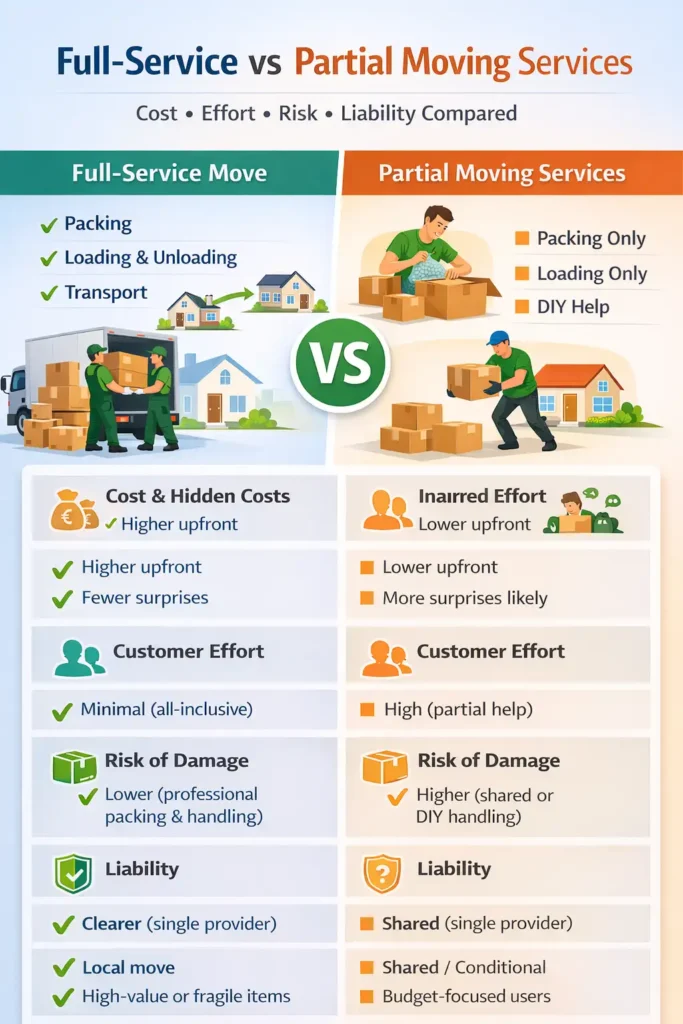 Full-service door-to-door move vs partial moving services comparison infographic showing cost, effort, risk, liability, packing-only, loading-only and DIY house shifting options