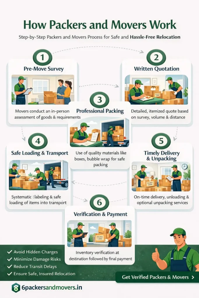 How packers and movers work in India showing step-by-step process including pre-move survey, packing, loading, transportation, unloading, inventory verification, and delivery
