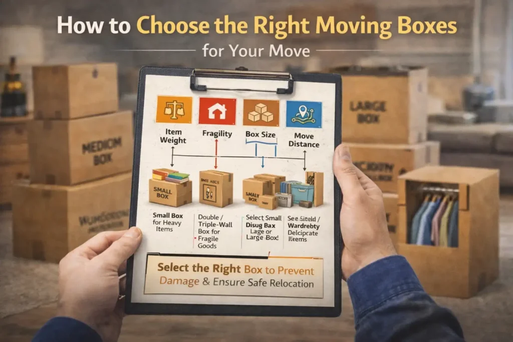 Guide showing how to choose the right moving boxes based on item weight, fragility, box size, and move distance for safe and organized relocation