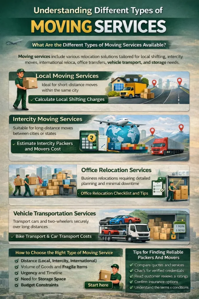 Infographic explaining different types of moving services including local moving, intercity relocation, international moving, office shifting, vehicle transportation, storage and warehousing, and full-service movers for stress-free relocation.