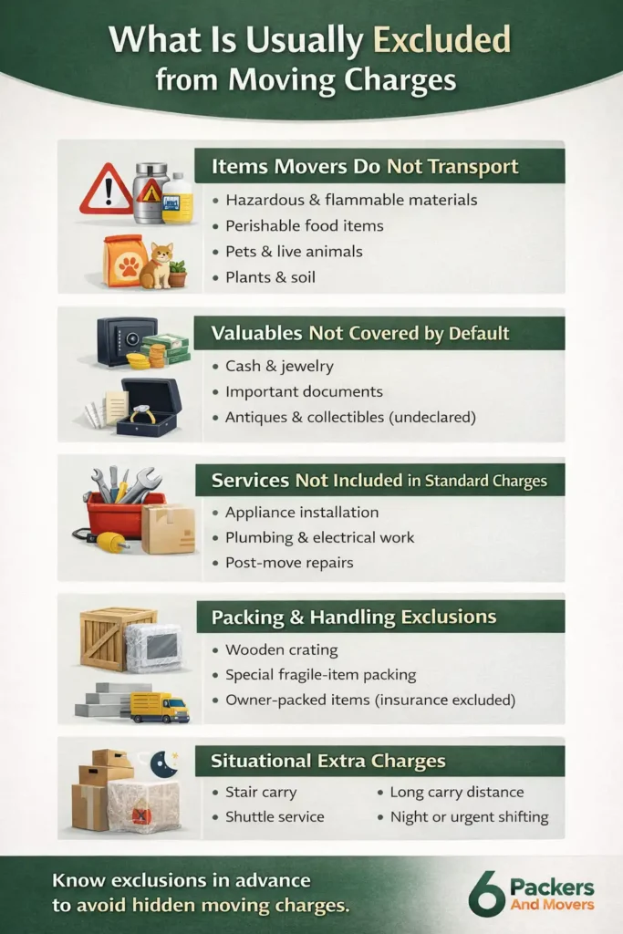 Infographic explaining items, services, insurance limits, and extra costs that are usually excluded from packers and movers charges