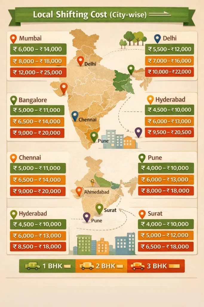 Local packers and movers charges city wise in India
