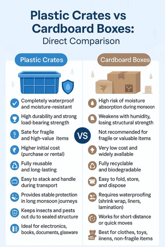 Plastic Crates vs Cardboard Boxes Direct Comparison infographic