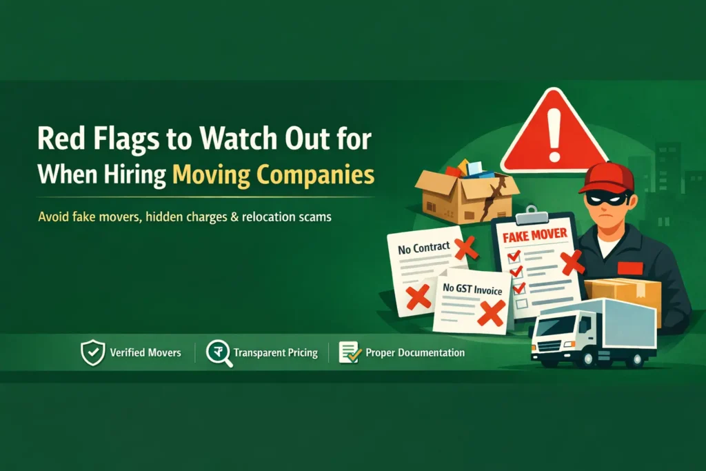Red flags to watch out for when hiring moving companies, including fake movers, low quotes, no GST invoice, and untrained staff