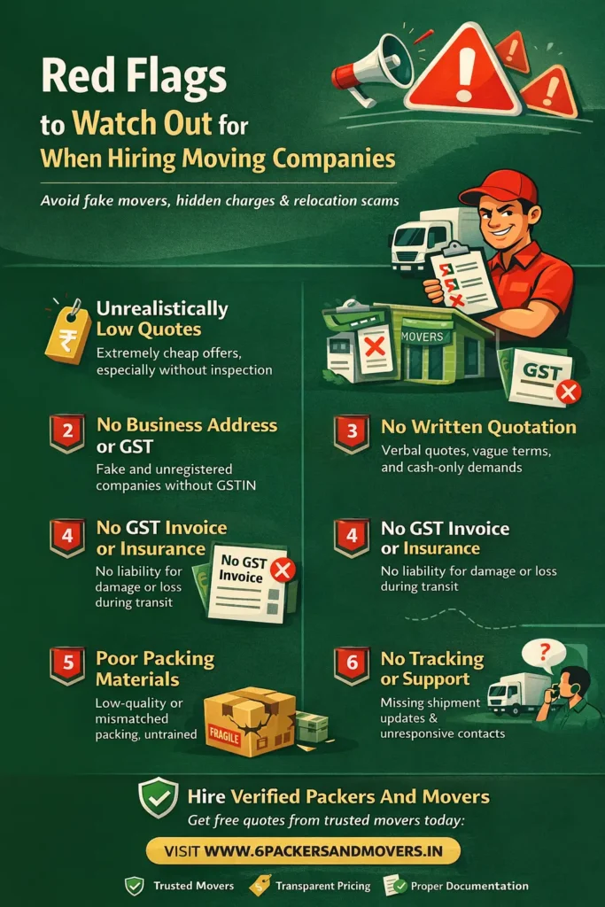 Infographic showing red flags to watch out for when hiring moving companies, including fake movers, low quotes, no written agreement, no GST invoice, and poor packing practices