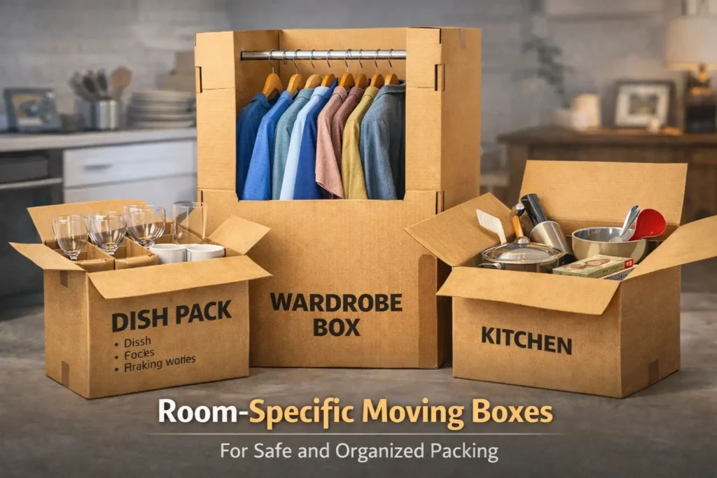 Room-specific moving boxes including dish pack boxes for glassware, wardrobe boxes for hanging clothes, and kitchen boxes used for safe household relocation
