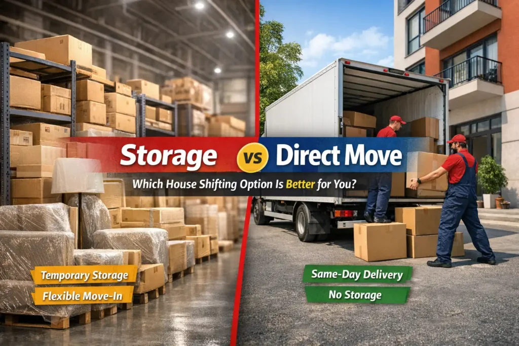 Comparison of storage-based house shifting and direct move without storage in India, showing warehouse storage on one side and direct home delivery on the other