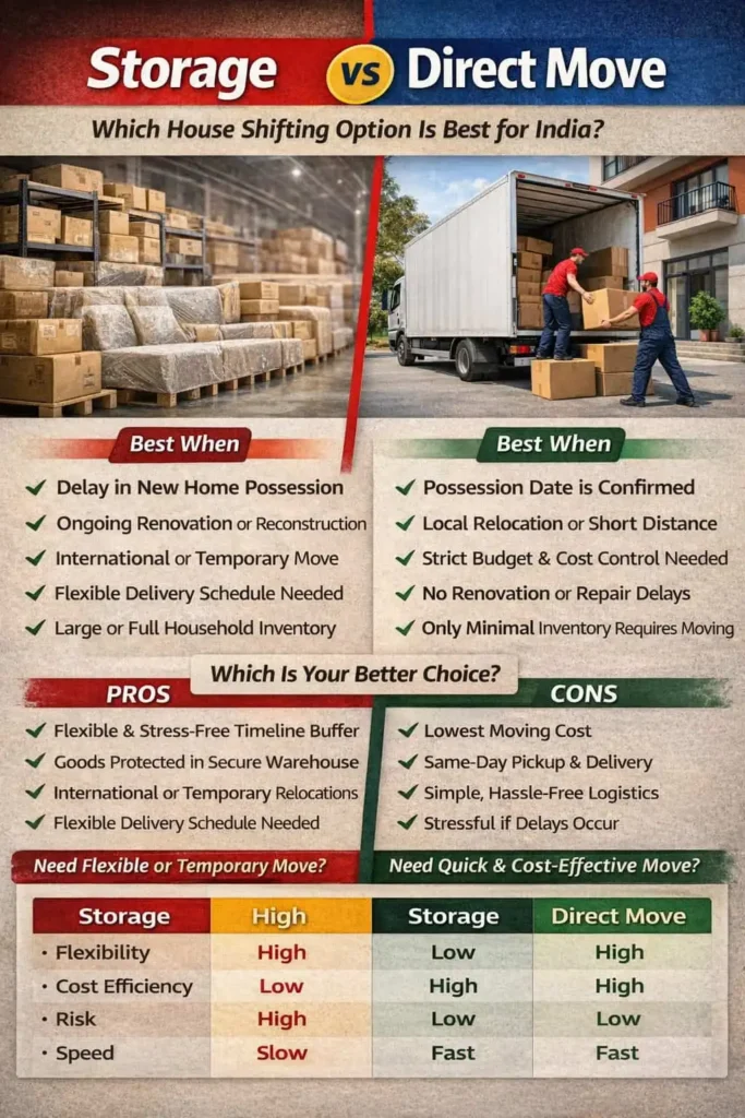 Infographic comparing storage-based house shifting and direct move without storage in India, highlighting differences in cost, flexibility, risk, speed, and ideal use cases