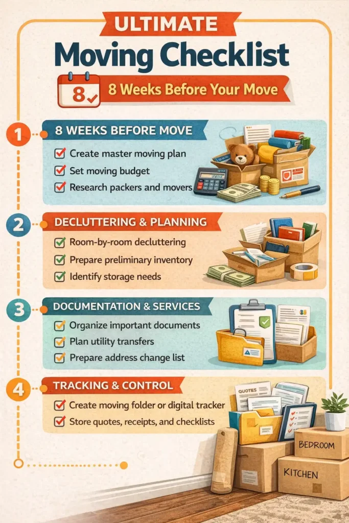 Infographic showing an 8-week moving checklist timeline including planning, budgeting, decluttering, inventory, utilities, and document preparation steps