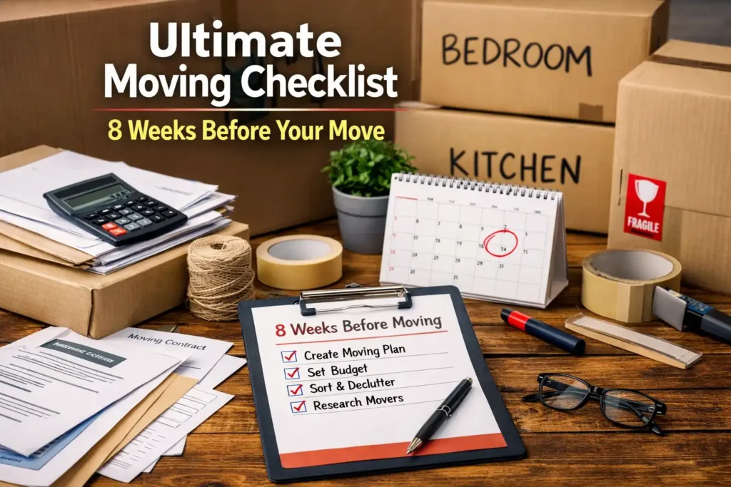 Ultimate moving checklist showing 8 weeks before move planning with labeled boxes, documents, calendar, and packing preparation