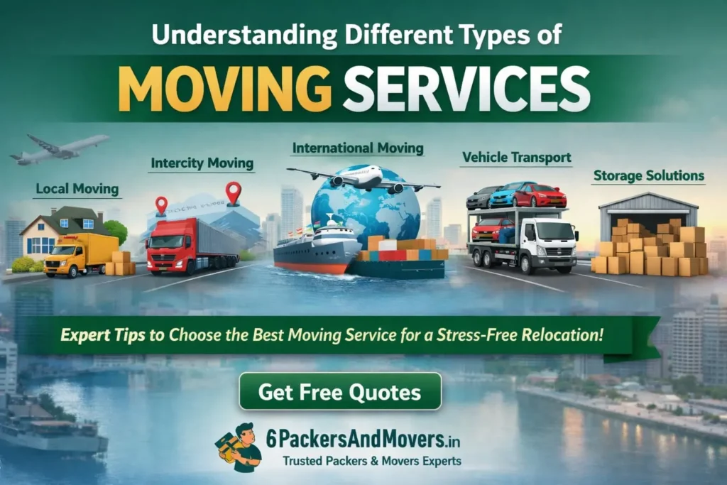 explaining different types of moving services including local moving, intercity relocation, international moving, vehicle transportation, and storage solutions by professional packers and movers