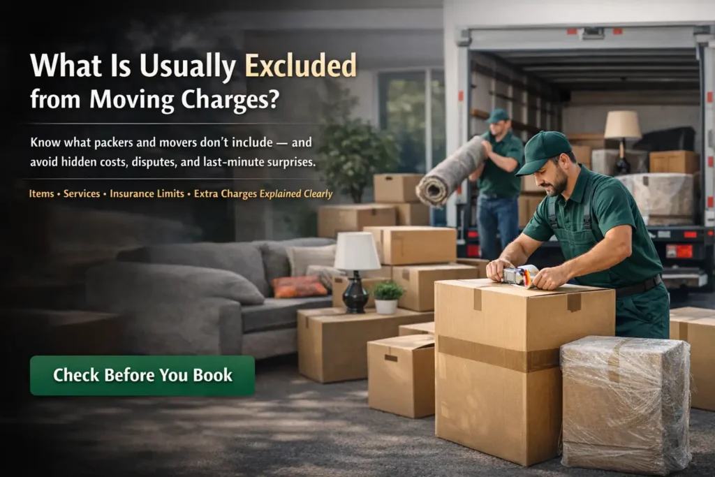 Packers and movers packing household items showing services and items that are usually excluded from moving charges