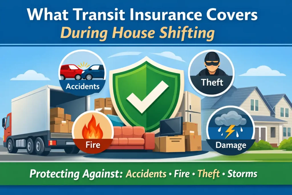 Transit insurance coverage during house shifting protecting household goods from damage, theft, fire, and accidents while in transit