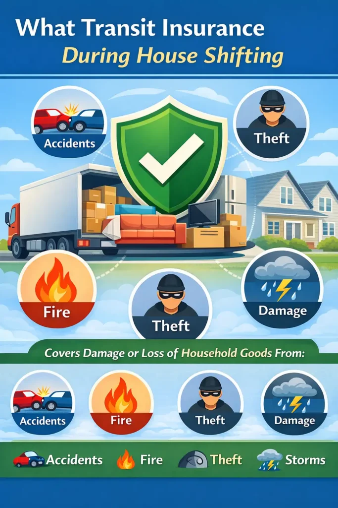 Infographic showing what transit insurance covers during house shifting including protection of household goods from accidents, fire, theft, and transit damage