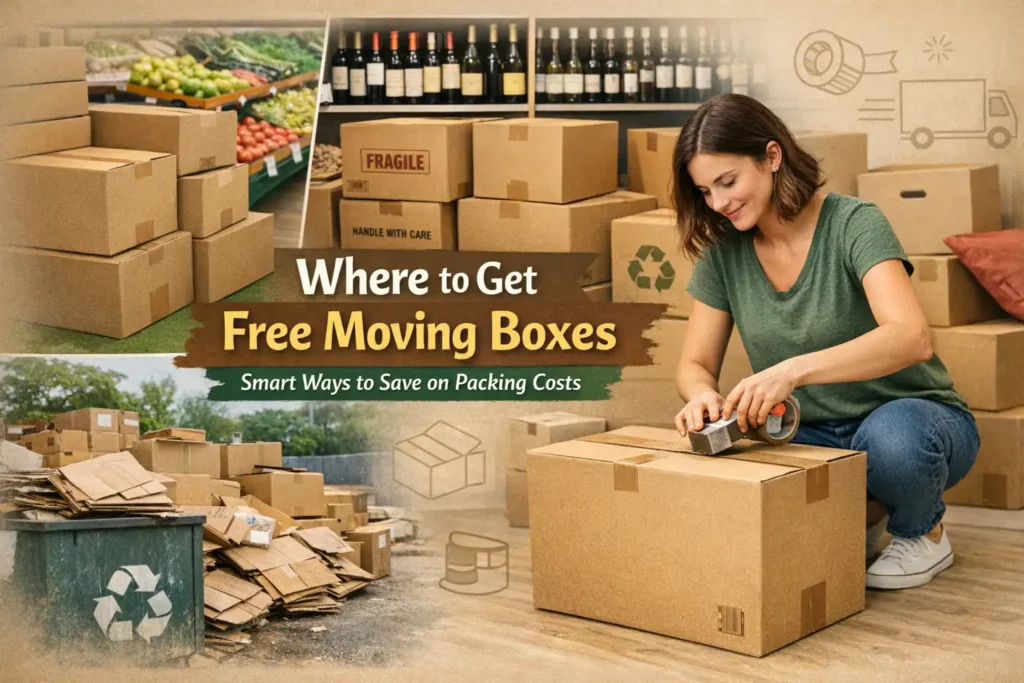 where to get free moving boxes from grocery stores, liquor shops, recycling centers, and local sources for house shifting