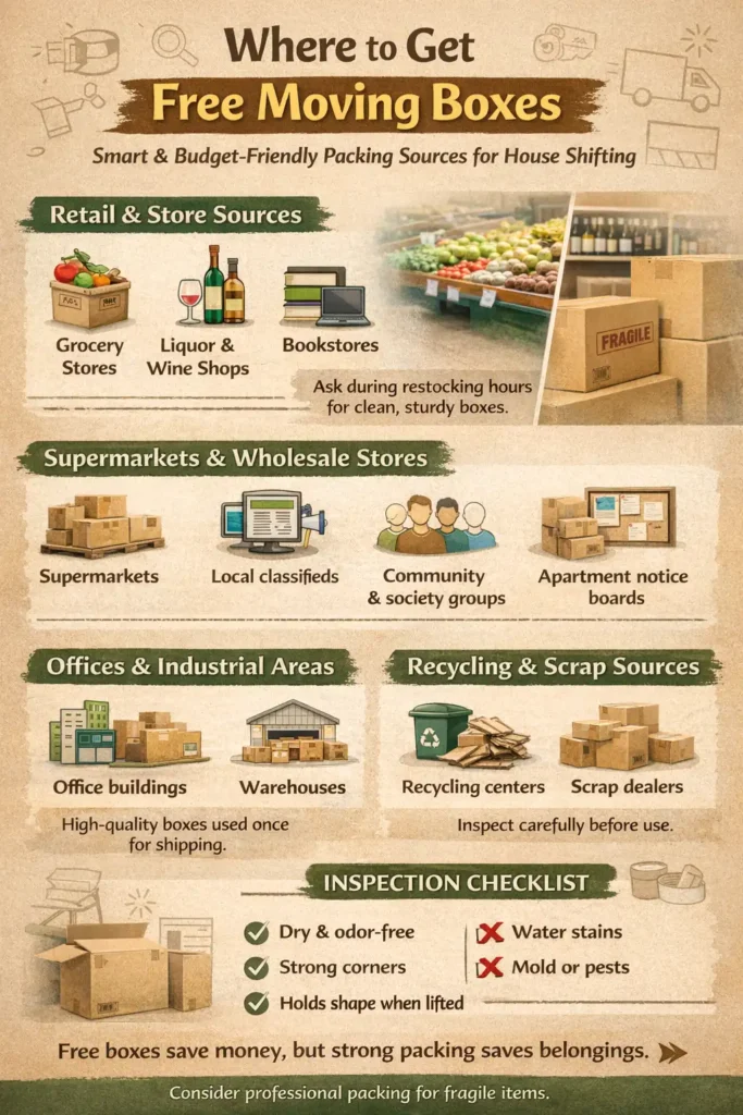 infographic showing where to get free moving boxes from stores, supermarkets, offices, recycling centers, and local community sources