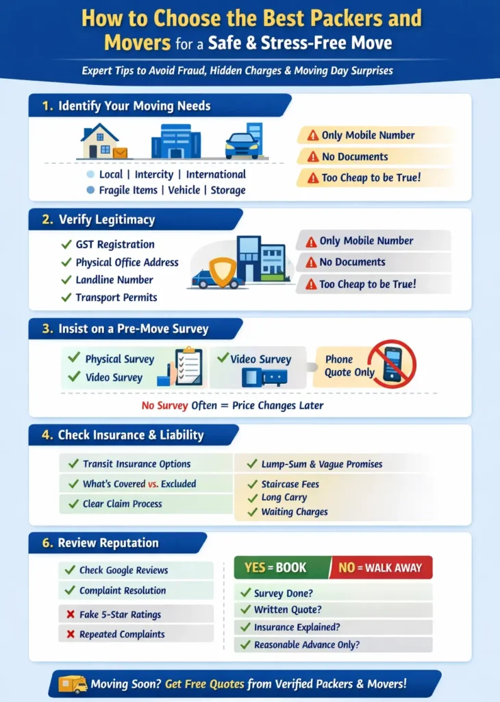 How to choose the best packers and movers with an expert checklist covering verification, GST registration, landline number, pre-move survey, insurance, quote comparison, and final booking checks for a safe relocation.