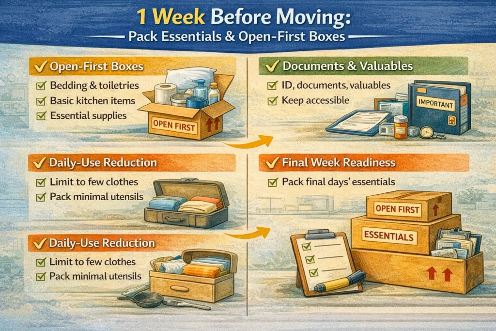 Infographic showing tasks to complete 1 week before moving, including packing open-first boxes, keeping documents and medicines accessible, limiting daily-use items, and preparing essentials for the final days