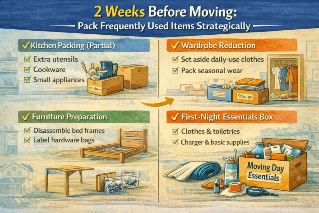 Infographic showing tasks to complete 2 weeks before moving, including partial kitchen packing, reducing wardrobes to daily-use clothing, furniture disassembly, and preparing a first-night essentials box