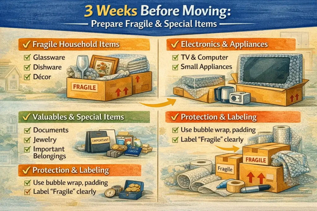 Infographic showing tasks to complete 3 weeks before moving, including packing fragile items, wrapping glassware and electronics safely, separating valuables, and labeling delicate boxes clearly