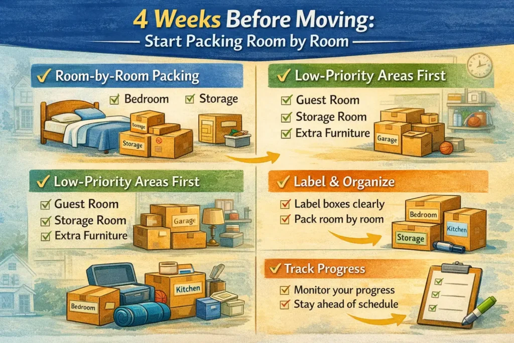Infographic showing tasks to complete 4 weeks before moving, including room-by-room packing, packing guest rooms and storage areas, labeling boxes by room, and tracking packing progress