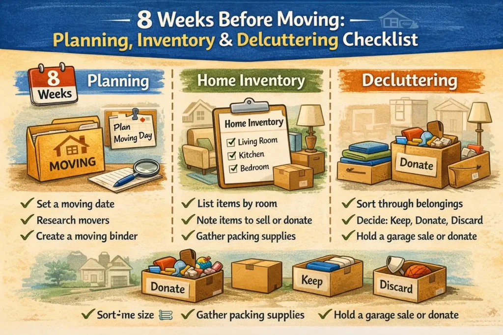 Infographic showing tasks to complete 8 weeks before moving, including home inventory creation, decluttering items to donate or discard, and early moving preparation steps