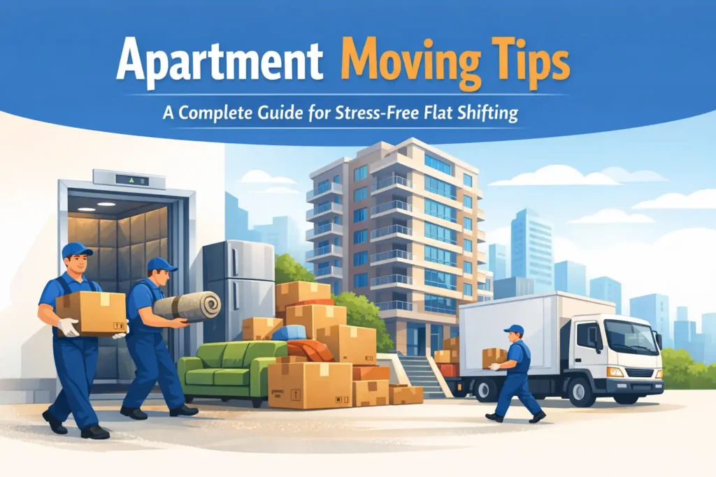 Apartment moving tips showing packers and movers shifting household items in a high-rise flat
