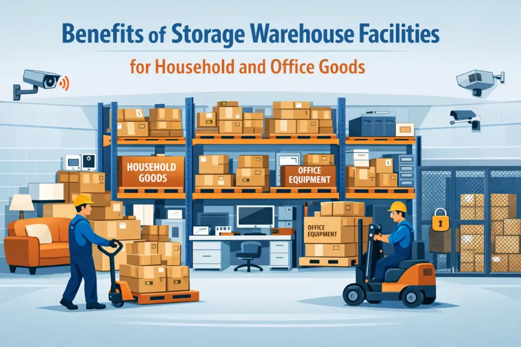 Benefits of storage warehouse facilities for household and office goods with secure professional storage by moving companies