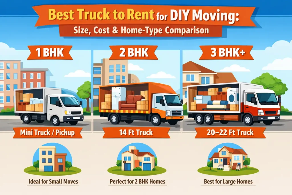 Best truck to rent for DIY moving in India showing truck size comparison for 1 BHK, 2 BHK, and 3 BHK house shifting