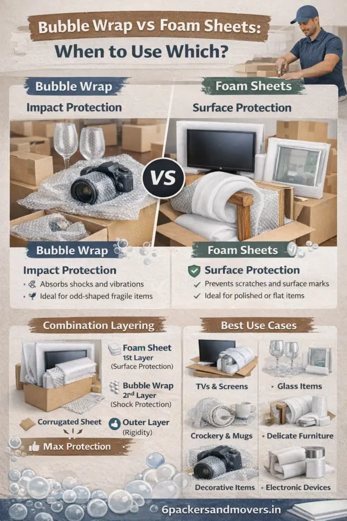 Bubble Wrap vs Foam Sheets Infographic – When to Use Which for Packing and Moving