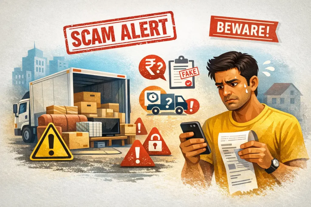 Illustration showing common moving company scams in India and how to avoid fake packers and movers