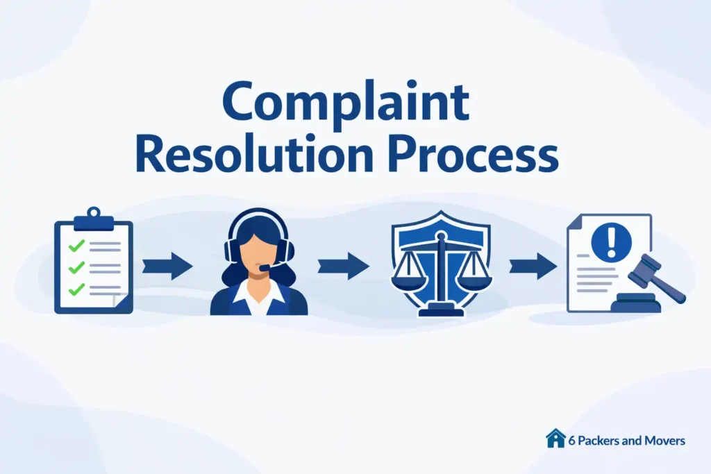 Complaint resolution process explaining how packers and movers complaints are reviewed and escalated in India