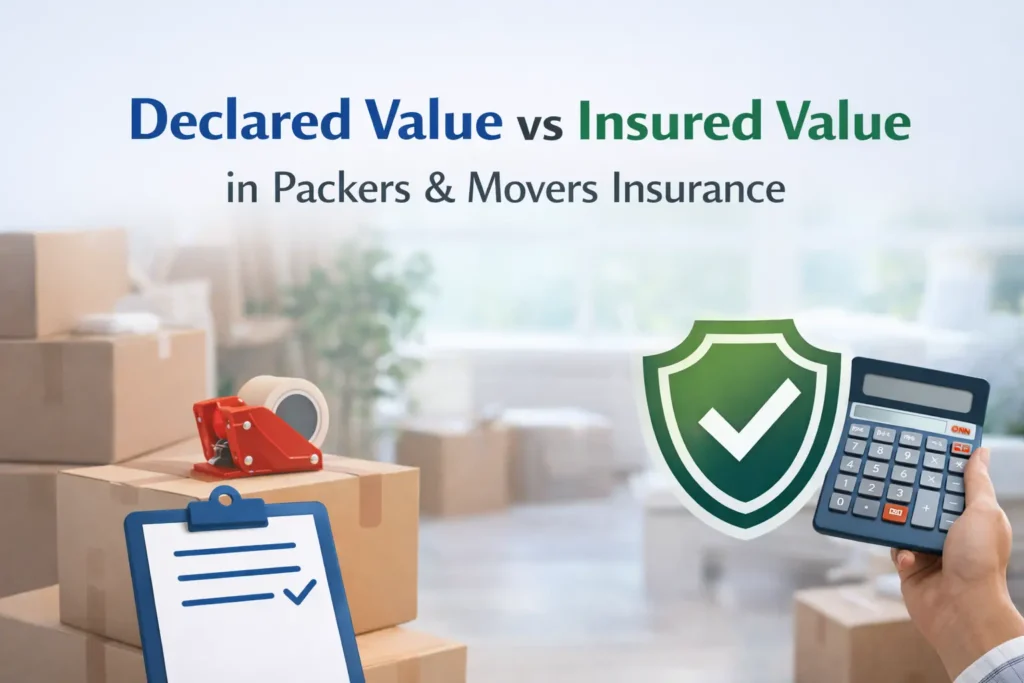 Declared value vs insured value comparison image explaining insurance premium calculation and claim settlement in packers and movers insurance