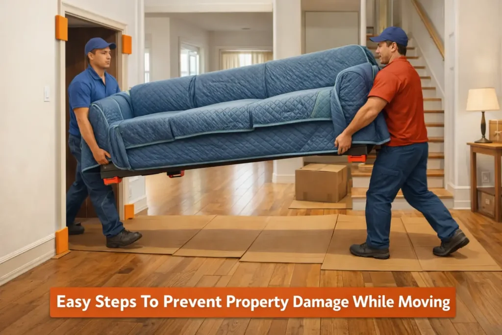 Movers using protective packing materials and safe handling techniques to prevent property damage while moving furniture