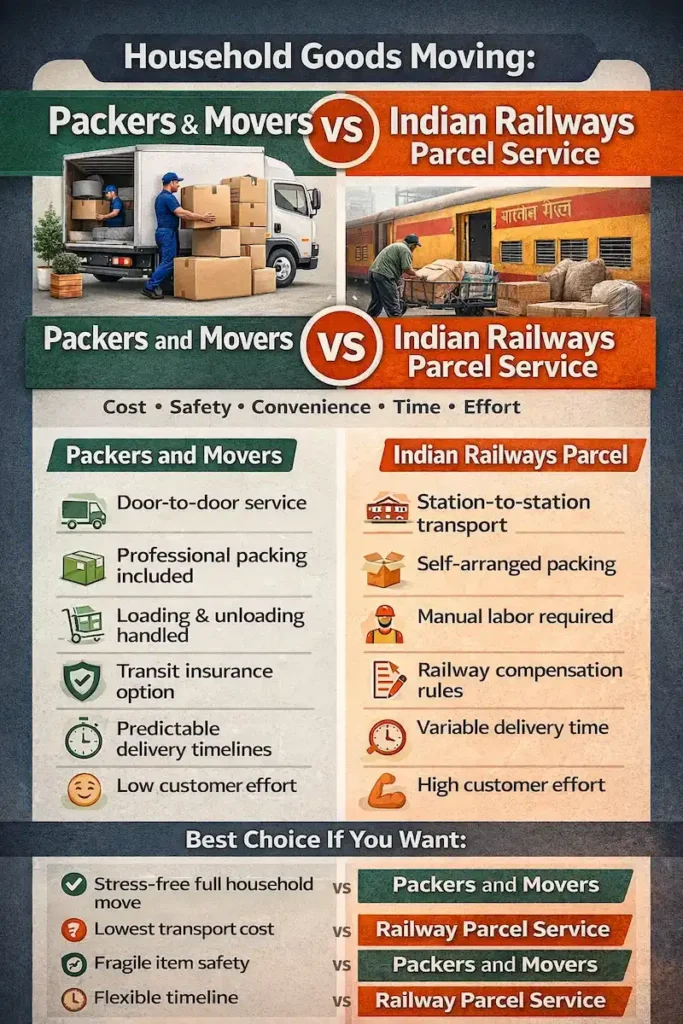 Infographic comparing household goods moving using packers and movers versus Indian Railways parcel service in India, covering cost, safety, time, and effort