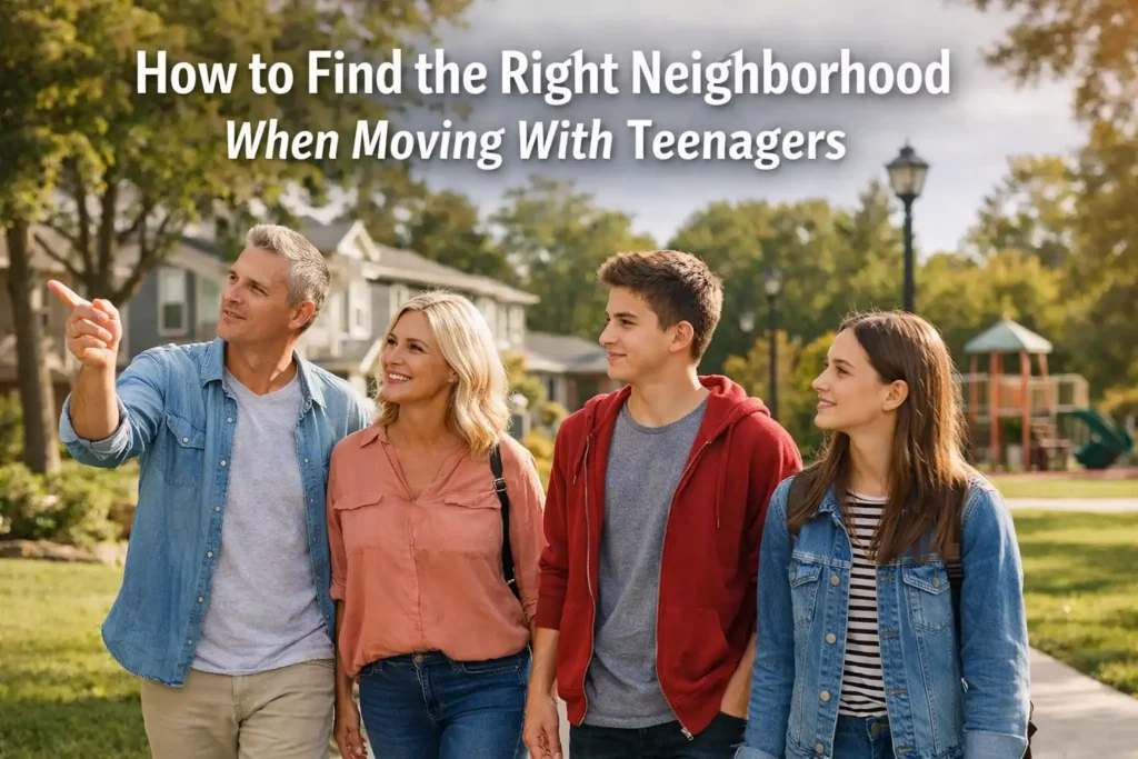Parents and teenagers exploring a residential neighborhood while planning a family move
