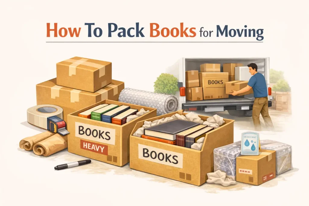How to pack books for moving safely using small boxes, proper book placement, and protective packing materials