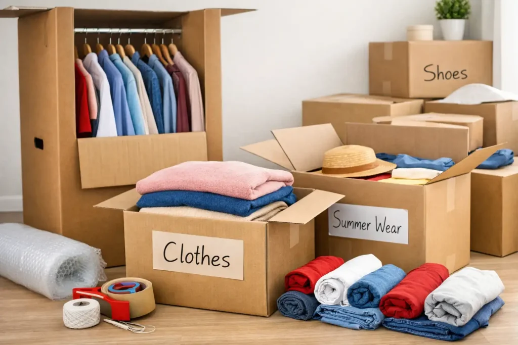 how to pack clothes when moving using boxes, wardrobe cartons, and space-saving packing methods