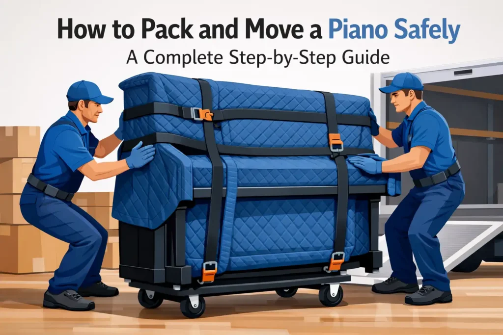 Professionals packing and moving a piano safely using proper equipment and protective wrapping