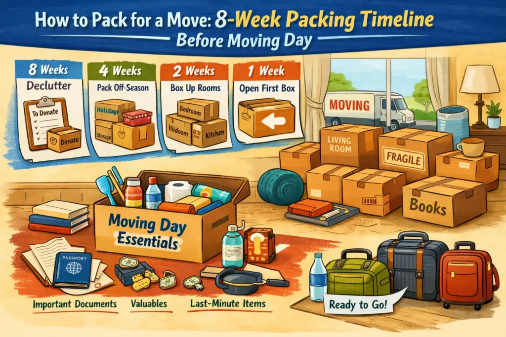Illustration showing an 8-week packing timeline for moving house, with labeled boxes, room-by-room packing stages, and moving day essentials