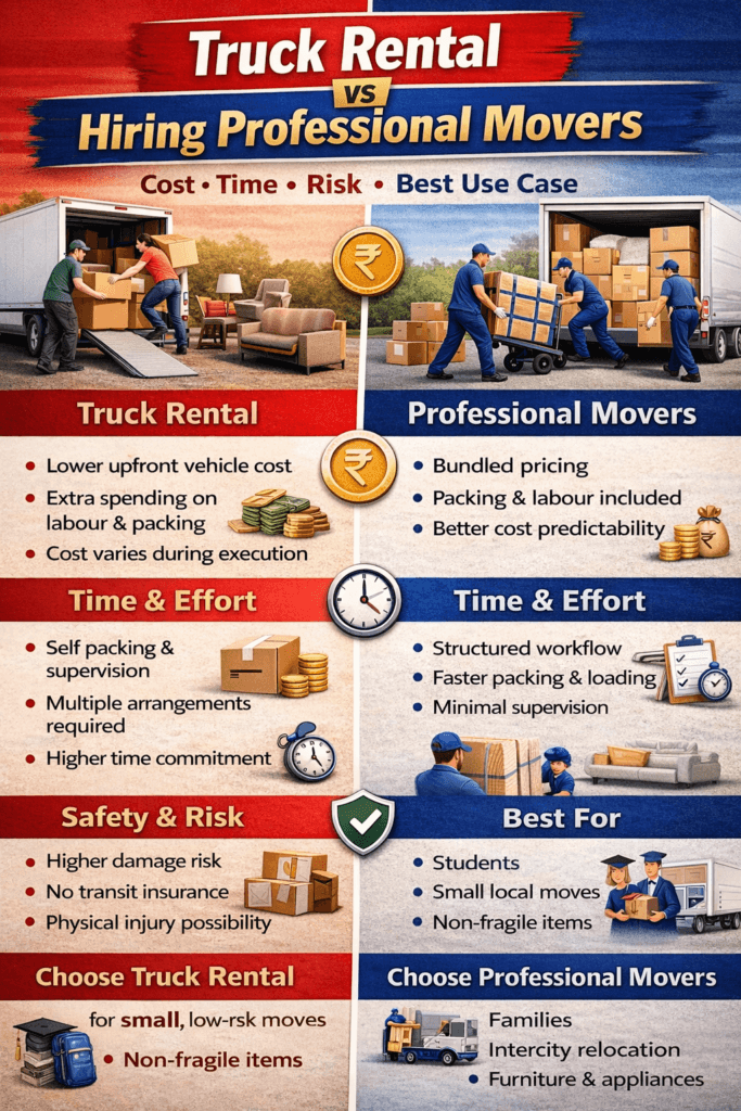 Infographic comparing truck rental vs hiring professional movers based on cost, time, safety and best moving scenarios