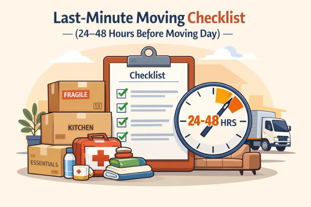 Last-minute moving checklist showing packed boxes, essentials kit, and moving truck 24–48 hours before moving day