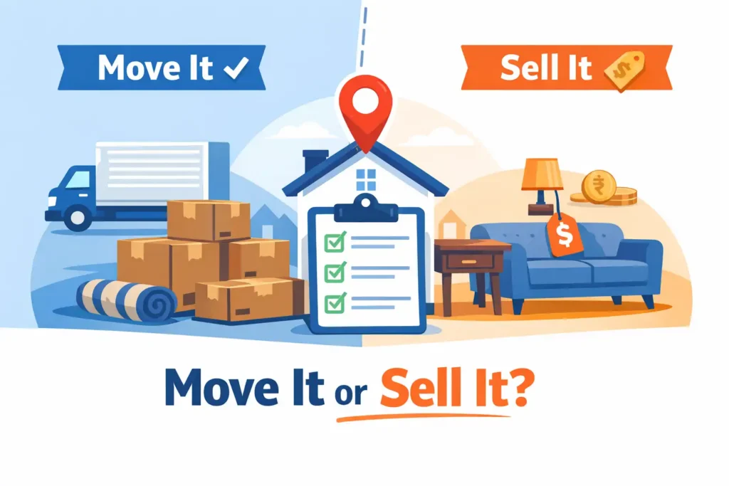 Move it or sell it before relocation comparison showing household items, moving boxes, and resale decision